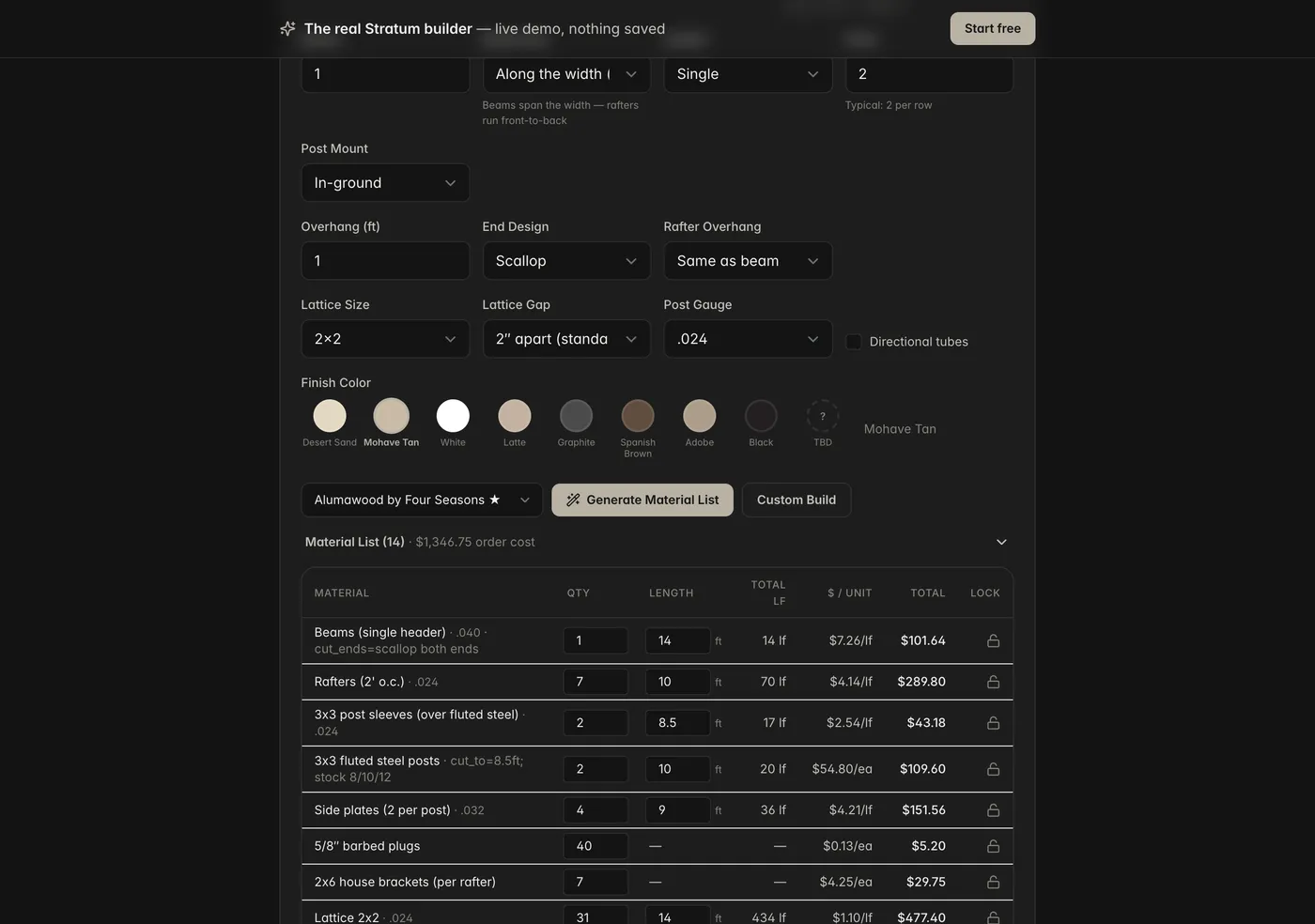 The Stratum estimate builder — priced material list and finish colors