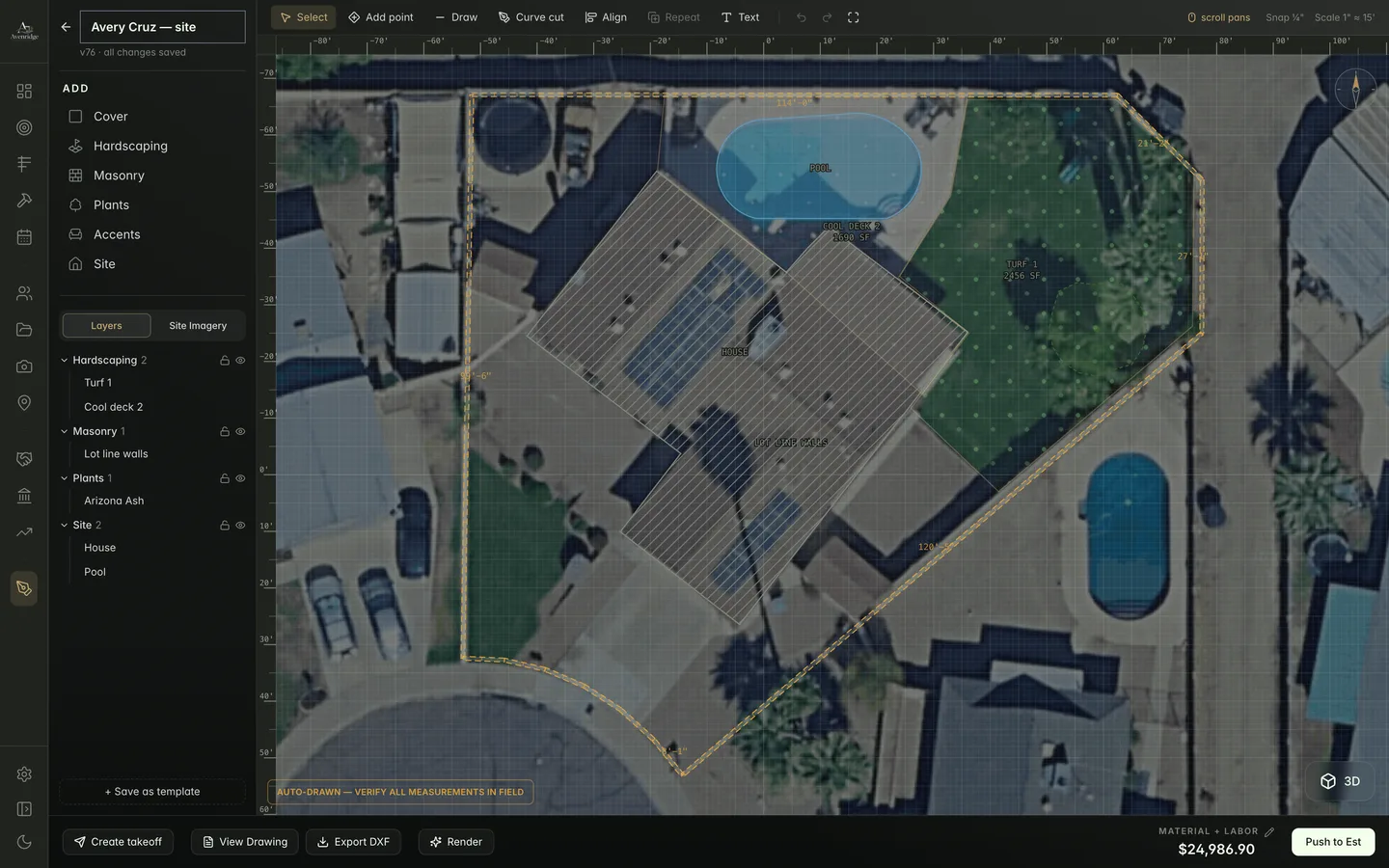 Stratum Studio: an aerial site plan with the lot measured, turf and cool deck laid out, and a live material and labor price